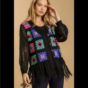 NEW!!! Umgee Granny Square Crochet Fringe Sweater VEST  Sz Small, NWT